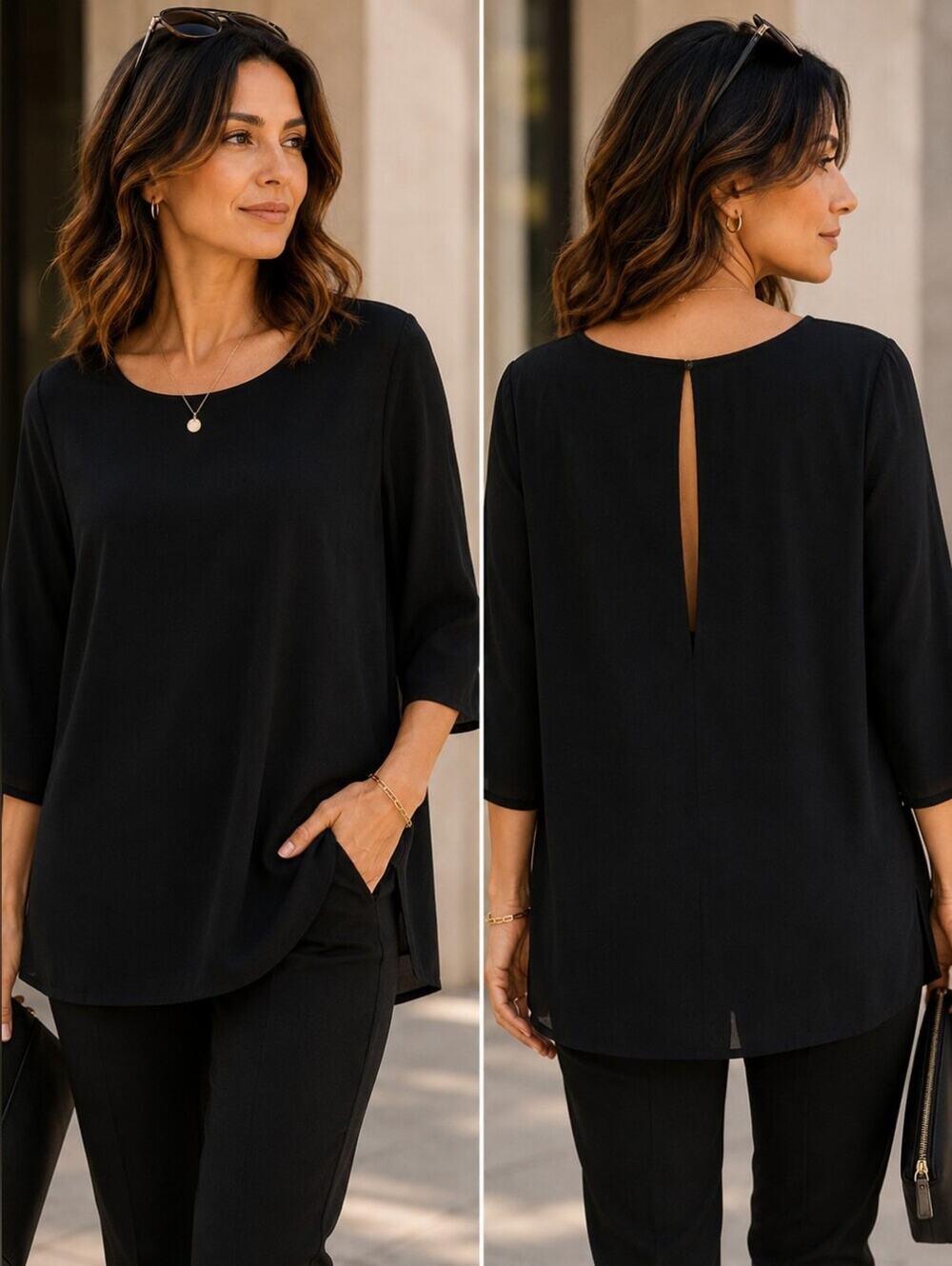 Leith Black Scoop Neck Keyhole Back Tunic Top 3/4 Sleeve Minimalist Blouse Large